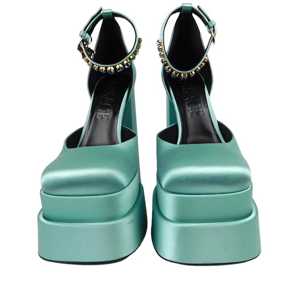 NWT Authentic Versace Medusa Aevitas Platform Mary Janes Pump blue satin Size 39 - Picture 3 of 13